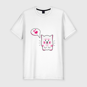 Мужская футболка хлопок Slim с принтом Милый котик с сердечками в Тюмени, 92% хлопок, 8% лайкра | приталенный силуэт, круглый вырез ворота, длина до линии бедра, короткий рукав | 