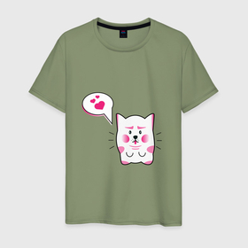 Мужская футболка хлопок с принтом Милый котик с сердечками в Санкт-Петербурге, 100% хлопок | прямой крой, круглый вырез горловины, длина до линии бедер, слегка спущенное плечо. | 