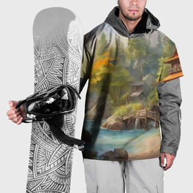 Накидка на куртку 3D с принтом Деревянный домик у реки среди деревьев в Белгороде, 100% полиэстер |  | 