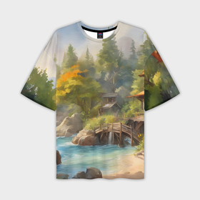 Мужская футболка oversize 3D с принтом Деревянный домик у реки среди деревьев в Белгороде,  |  | 