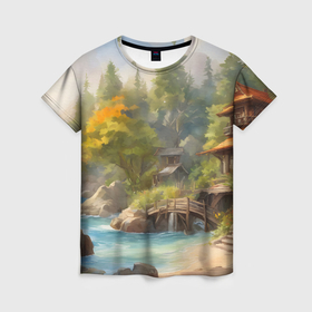 Женская футболка 3D с принтом Деревянный домик у реки среди деревьев , 100% полиэфир ( синтетическое хлопкоподобное полотно) | прямой крой, круглый вырез горловины, длина до линии бедер | 