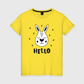 Женская футболка хлопок с принтом Привет кролик в Екатеринбурге, 100% хлопок | прямой крой, круглый вырез горловины, длина до линии бедер, слегка спущенное плечо | 