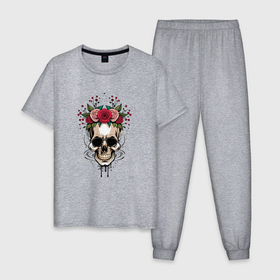Мужская пижама хлопок с принтом Цветочный череп Мексики в Курске, 100% хлопок | брюки и футболка прямого кроя, без карманов, на брюках мягкая резинка на поясе и по низу штанин
 | 