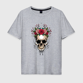 Мужская футболка хлопок Oversize с принтом Цветочный череп Мексики в Кировске, 100% хлопок | свободный крой, круглый ворот, “спинка” длиннее передней части | Тематика изображения на принте: 