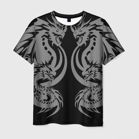 Мужская футболка 3D с принтом Два серых дракона в Петрозаводске, 100% полиэфир | прямой крой, круглый вырез горловины, длина до линии бедер | 