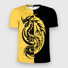 Мужская футболка 3D Slim с принтом Желтый черный дракон в Екатеринбурге, 100% полиэстер с улучшенными характеристиками | приталенный силуэт, круглая горловина, широкие плечи, сужается к линии бедра | 