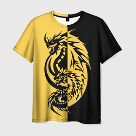 Мужская футболка 3D с принтом Желтый черный дракон в Екатеринбурге, 100% полиэфир | прямой крой, круглый вырез горловины, длина до линии бедер | 