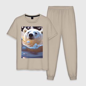 Мужская пижама хлопок с принтом Белый медведь в молоке в Кировске, 100% хлопок | брюки и футболка прямого кроя, без карманов, на брюках мягкая резинка на поясе и по низу штанин
 | Тематика изображения на принте: 