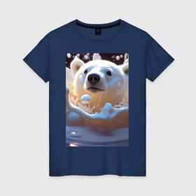 Женская футболка хлопок с принтом Белый медведь в молоке в Кировске, 100% хлопок | прямой крой, круглый вырез горловины, длина до линии бедер, слегка спущенное плечо | Тематика изображения на принте: 