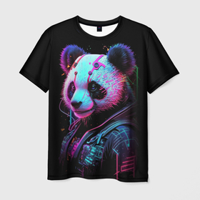 Мужская футболка 3D с принтом Панда в красках киберпанк в Кировске, 100% полиэфир | прямой крой, круглый вырез горловины, длина до линии бедер | 