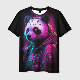 Мужская футболка 3D с принтом Panda  cyberpunk , 100% полиэфир | прямой крой, круглый вырез горловины, длина до линии бедер | 