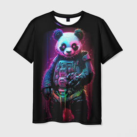 Мужская футболка 3D с принтом Киберпанк панда во весь рост , 100% полиэфир | прямой крой, круглый вырез горловины, длина до линии бедер | Тематика изображения на принте: 