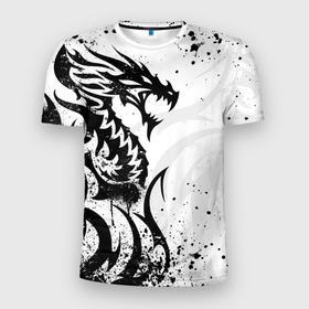 Мужская футболка 3D Slim с принтом Черно   белый дракон в Новосибирске, 100% полиэстер с улучшенными характеристиками | приталенный силуэт, круглая горловина, широкие плечи, сужается к линии бедра | 