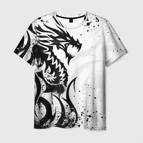 Мужская футболка 3D с принтом Черно   белый дракон в Белгороде, 100% полиэфир | прямой крой, круглый вырез горловины, длина до линии бедер | 