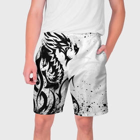 Мужские шорты 3D с принтом Черно   белый дракон в Санкт-Петербурге,  полиэстер 100% | прямой крой, два кармана без застежек по бокам. Мягкая трикотажная резинка на поясе, внутри которой широкие завязки. Длина чуть выше колен | Тематика изображения на принте: 