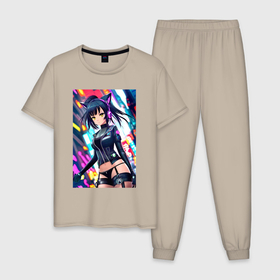 Мужская пижама хлопок с принтом Cool cat girl   anime    neural network в Екатеринбурге, 100% хлопок | брюки и футболка прямого кроя, без карманов, на брюках мягкая резинка на поясе и по низу штанин
 | 