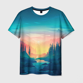 Мужская футболка 3D с принтом Синий лес и природа в Курске, 100% полиэфир | прямой крой, круглый вырез горловины, длина до линии бедер | 