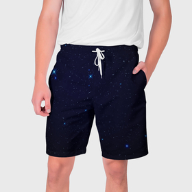 Мужские шорты 3D с принтом Тёмный космос и синие звёзды в Новосибирске,  полиэстер 100% | прямой крой, два кармана без застежек по бокам. Мягкая трикотажная резинка на поясе, внутри которой широкие завязки. Длина чуть выше колен | Тематика изображения на принте: 