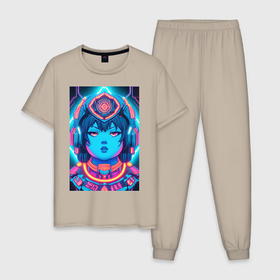 Мужская пижама хлопок с принтом Просветление Будда в Екатеринбурге, 100% хлопок | брюки и футболка прямого кроя, без карманов, на брюках мягкая резинка на поясе и по низу штанин
 | 