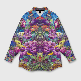 Женская рубашка oversize 3D с принтом Зеркальный цветочный паттерн с птицами   мода    нейросеть в Кировске,  |  | 