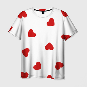 Мужская футболка 3D с принтом Красные сердечки на белом , 100% полиэфир | прямой крой, круглый вырез горловины, длина до линии бедер | 