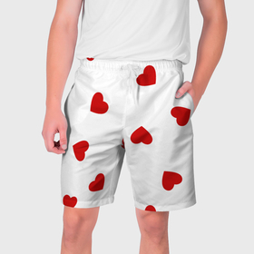 Мужские шорты 3D с принтом Красные сердечки на белом в Тюмени,  полиэстер 100% | прямой крой, два кармана без застежек по бокам. Мягкая трикотажная резинка на поясе, внутри которой широкие завязки. Длина чуть выше колен | 