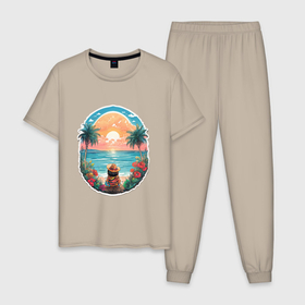 Мужская пижама хлопок с принтом Прекрасный закат на море в Белгороде, 100% хлопок | брюки и футболка прямого кроя, без карманов, на брюках мягкая резинка на поясе и по низу штанин
 | 