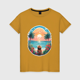 Женская футболка хлопок с принтом Прекрасный закат на море в Новосибирске, 100% хлопок | прямой крой, круглый вырез горловины, длина до линии бедер, слегка спущенное плечо | Тематика изображения на принте: 