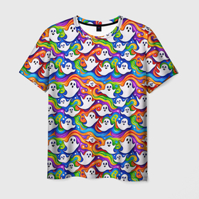 Мужская футболка 3D с принтом Веселые привидения на красочном фоне в Петрозаводске, 100% полиэфир | прямой крой, круглый вырез горловины, длина до линии бедер | Тематика изображения на принте: 