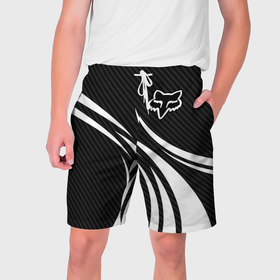 Мужские шорты 3D с принтом Fox carbon line   white в Тюмени,  полиэстер 100% | прямой крой, два кармана без застежек по бокам. Мягкая трикотажная резинка на поясе, внутри которой широкие завязки. Длина чуть выше колен | Тематика изображения на принте: 
