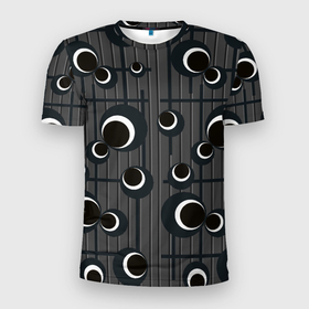 Мужская футболка 3D Slim с принтом Черные и белые круги на сером в Белгороде, 100% полиэстер с улучшенными характеристиками | приталенный силуэт, круглая горловина, широкие плечи, сужается к линии бедра | 