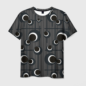 Мужская футболка 3D с принтом Черные и белые круги на сером в Екатеринбурге, 100% полиэфир | прямой крой, круглый вырез горловины, длина до линии бедер | 