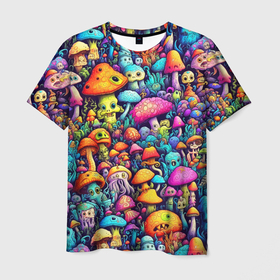 Мужская футболка 3D с принтом Кислотные психоделические грибы , 100% полиэфир | прямой крой, круглый вырез горловины, длина до линии бедер | 