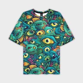 Мужская футболка oversize 3D с принтом Зелёные глазастые галлюцинации ,  |  | Тематика изображения на принте: 