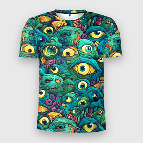 Мужская футболка 3D Slim с принтом Зелёные глазастые галлюцинации , 100% полиэстер с улучшенными характеристиками | приталенный силуэт, круглая горловина, широкие плечи, сужается к линии бедра | Тематика изображения на принте: 