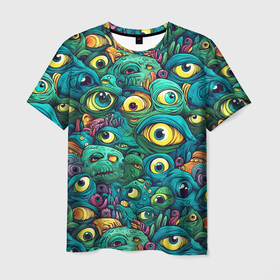 Мужская футболка 3D с принтом Зелёные глазастые галлюцинации , 100% полиэфир | прямой крой, круглый вырез горловины, длина до линии бедер | Тематика изображения на принте: 