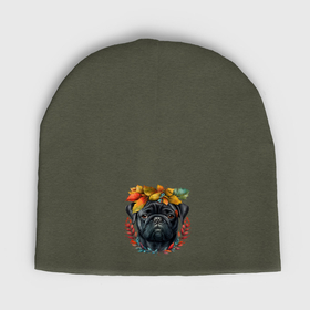 Мужская шапка демисезонная с принтом Мопс черный с венком из осенних листьев в Кировске,  |  | Тематика изображения на принте: 