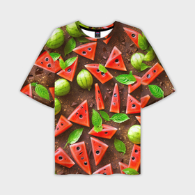 Мужская футболка oversize 3D с принтом Арбузные дольки на шоколадном поле в Курске,  |  | 