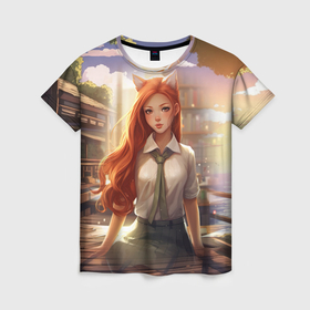 Женская футболка 3D с принтом Студентка девушка лисица , 100% полиэфир ( синтетическое хлопкоподобное полотно) | прямой крой, круглый вырез горловины, длина до линии бедер | 
