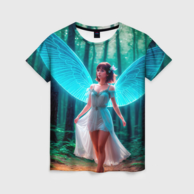 Женская футболка 3D с принтом Девушка фея в дремучем лесу в Курске, 100% полиэфир ( синтетическое хлопкоподобное полотно) | прямой крой, круглый вырез горловины, длина до линии бедер | 