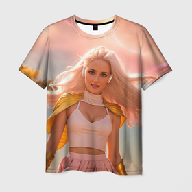 Мужская футболка 3D с принтом Девушка с розовыми волосами в золотом плаще , 100% полиэфир | прямой крой, круглый вырез горловины, длина до линии бедер | Тематика изображения на принте: 