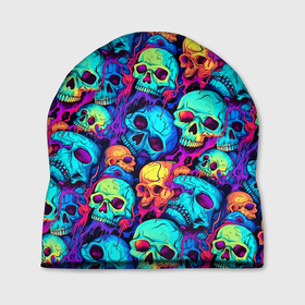 Шапка 3D с принтом Яркие кислотные черепа в Курске, 100% полиэстер | универсальный размер, печать по всей поверхности изделия | Тематика изображения на принте: 