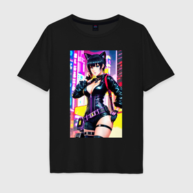 Мужская футболка хлопок Oversize с принтом Cool cat girl   anime   cyberpunk в Курске, 100% хлопок | свободный крой, круглый ворот, “спинка” длиннее передней части | 