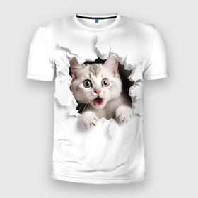 Мужская футболка 3D Slim с принтом Серый удивленный котенок в Курске, 100% полиэстер с улучшенными характеристиками | приталенный силуэт, круглая горловина, широкие плечи, сужается к линии бедра | 