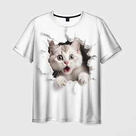 Мужская футболка 3D с принтом Серый удивленный котенок в Новосибирске, 100% полиэфир | прямой крой, круглый вырез горловины, длина до линии бедер | 