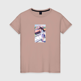 Женская футболка хлопок с принтом Тян на балконе в Тюмени, 100% хлопок | прямой крой, круглый вырез горловины, длина до линии бедер, слегка спущенное плечо | 