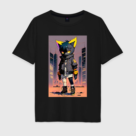 Мужская футболка хлопок Oversize с принтом Уличный котёнок хулиган   нейросеть в Тюмени, 100% хлопок | свободный крой, круглый ворот, “спинка” длиннее передней части | Тематика изображения на принте: 