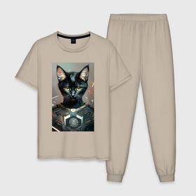 Мужская пижама хлопок с принтом Крутой котяра   киберпанк в Белгороде, 100% хлопок | брюки и футболка прямого кроя, без карманов, на брюках мягкая резинка на поясе и по низу штанин
 | 