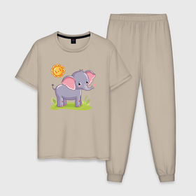 Мужская пижама хлопок с принтом Летний слоник в Новосибирске, 100% хлопок | брюки и футболка прямого кроя, без карманов, на брюках мягкая резинка на поясе и по низу штанин
 | 