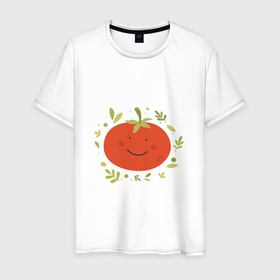 Мужская футболка хлопок с принтом Веселый помидор в Санкт-Петербурге, 100% хлопок | прямой крой, круглый вырез горловины, длина до линии бедер, слегка спущенное плечо. | 